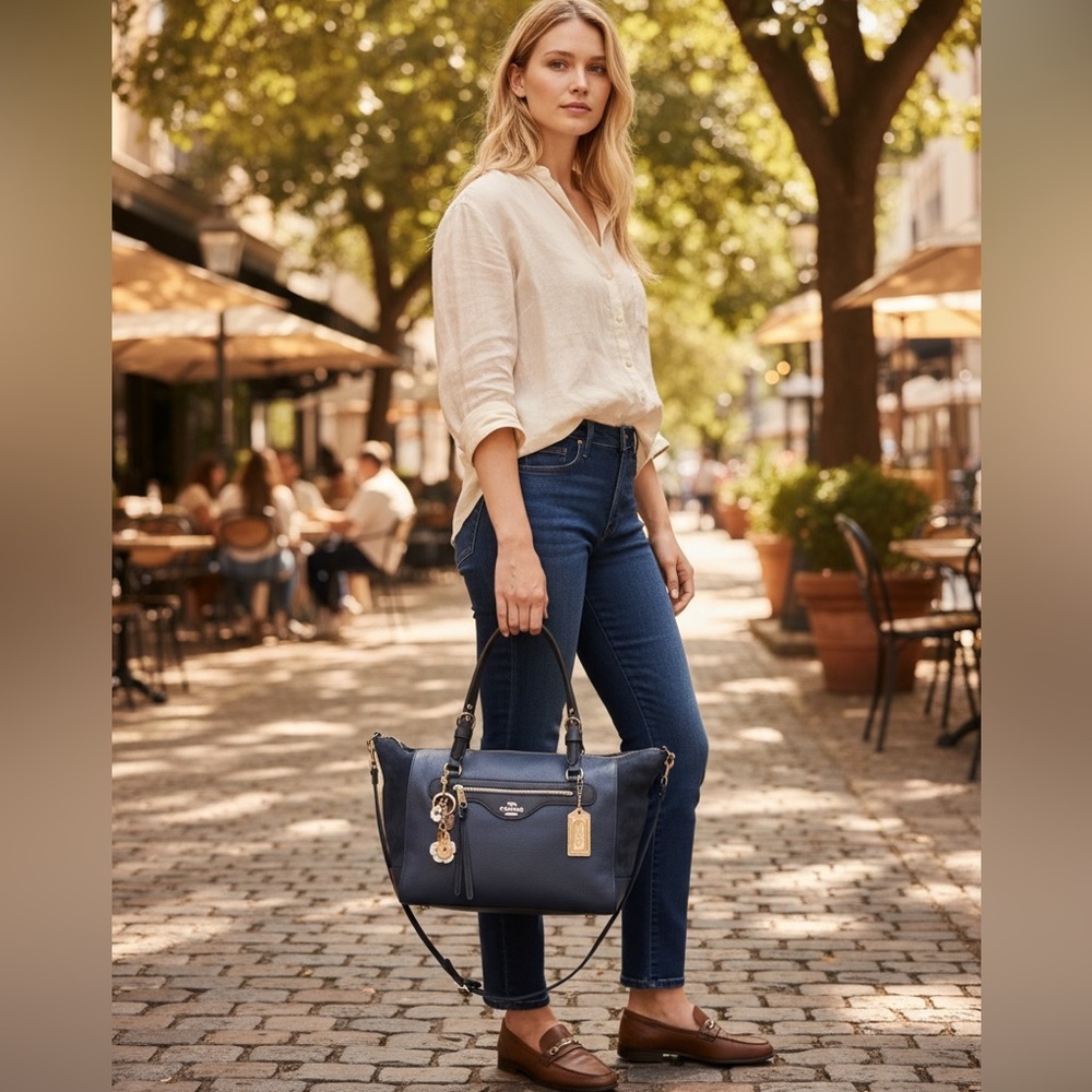 Coach 2021 Kleo Carryall Satchel Pebbled Leather and Suede Denim Blue